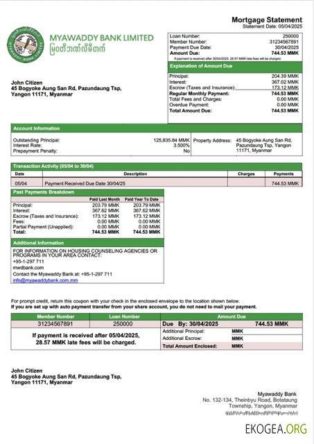 Modèle Word et PDF de relevé hypothécaire de la Myanmar Myawaddy Bank
